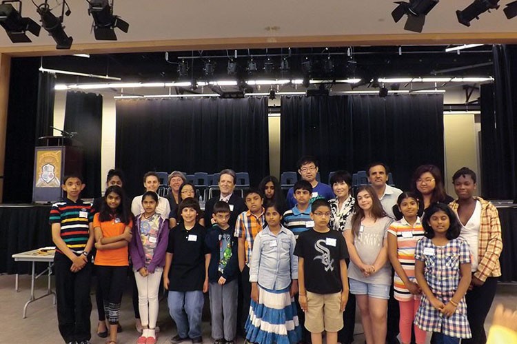 Regional councillor Deb Schulte (back row, third from left), deputy mayor of Vaughan Gino Rosati (back row, fourth from left) and YRDSB trustee Carol Chan (back row, seventh from left) with this year’s spelling bee finalists
