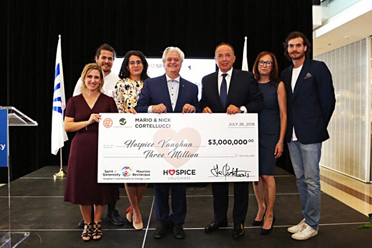 The landmark donation is the largest in the history of Hospice Vaughan. (From left to right: executive director of Hospice Vaughan, Belinda Marchese; Stefano Cortellucci; Romina Cortellucci; Mario Cortellucci; Mayor Maurizio Bevilacqua; president of the Board of Directors of Hospice Vaughan, Maria Castro; and Peter Cortellucci)
